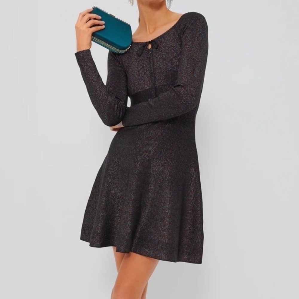 Hyacinth House Black Multi Metallic Long Sleeve Mini Holiday Dress XXS New